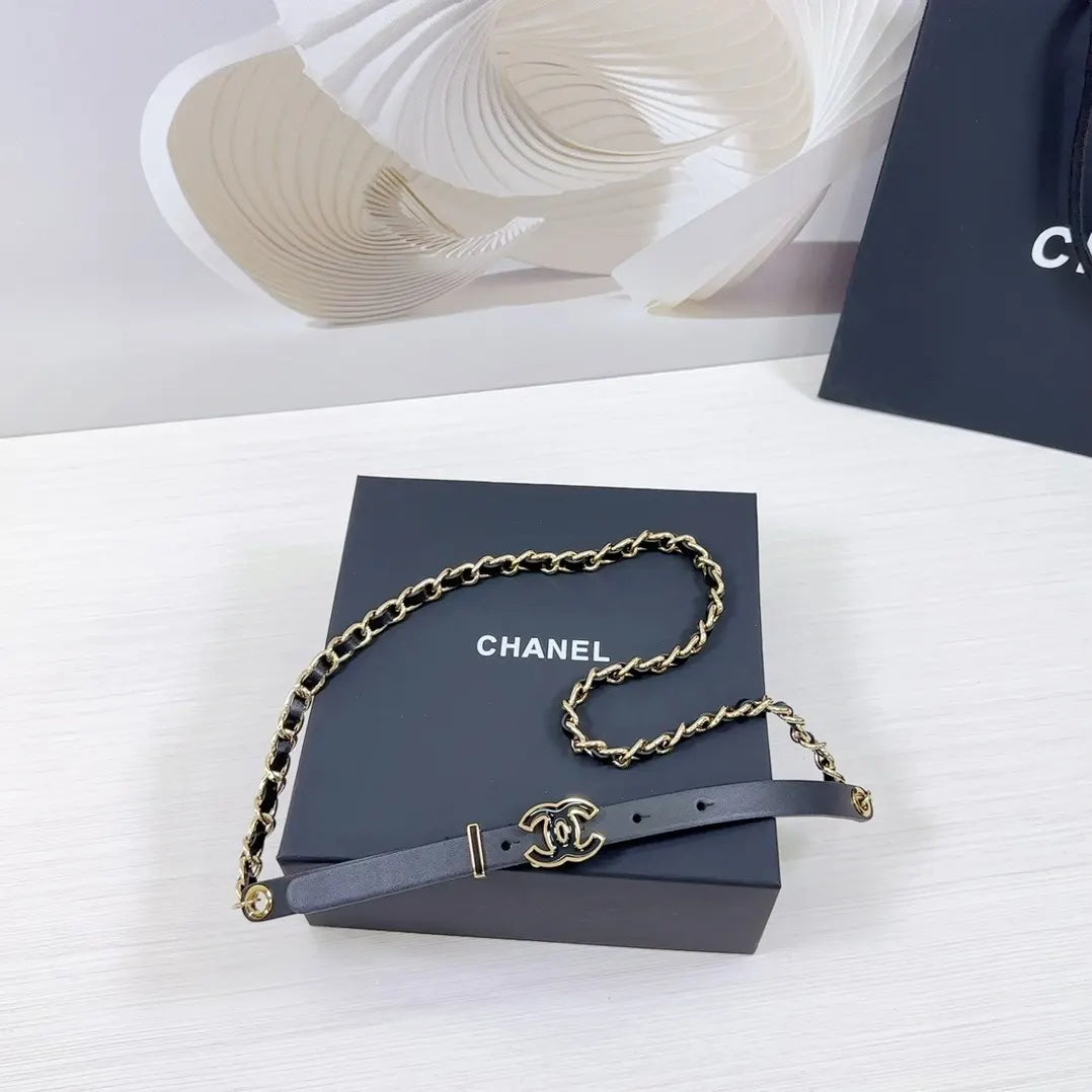 gold Chanel Black Leather Chain Belt - Hình 4