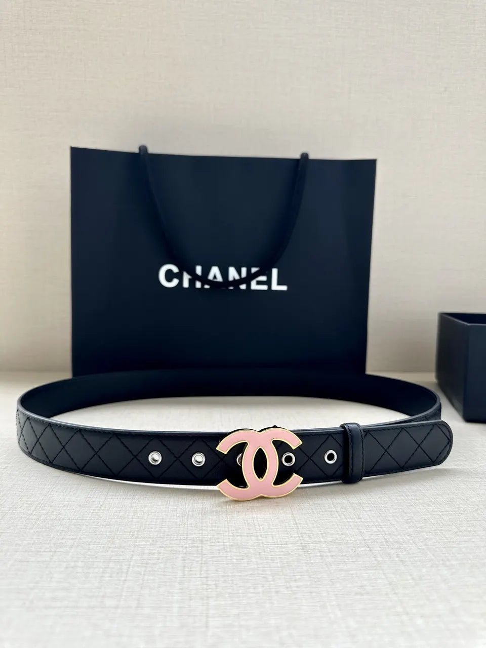 Chanel Black Quilted Belt Pink