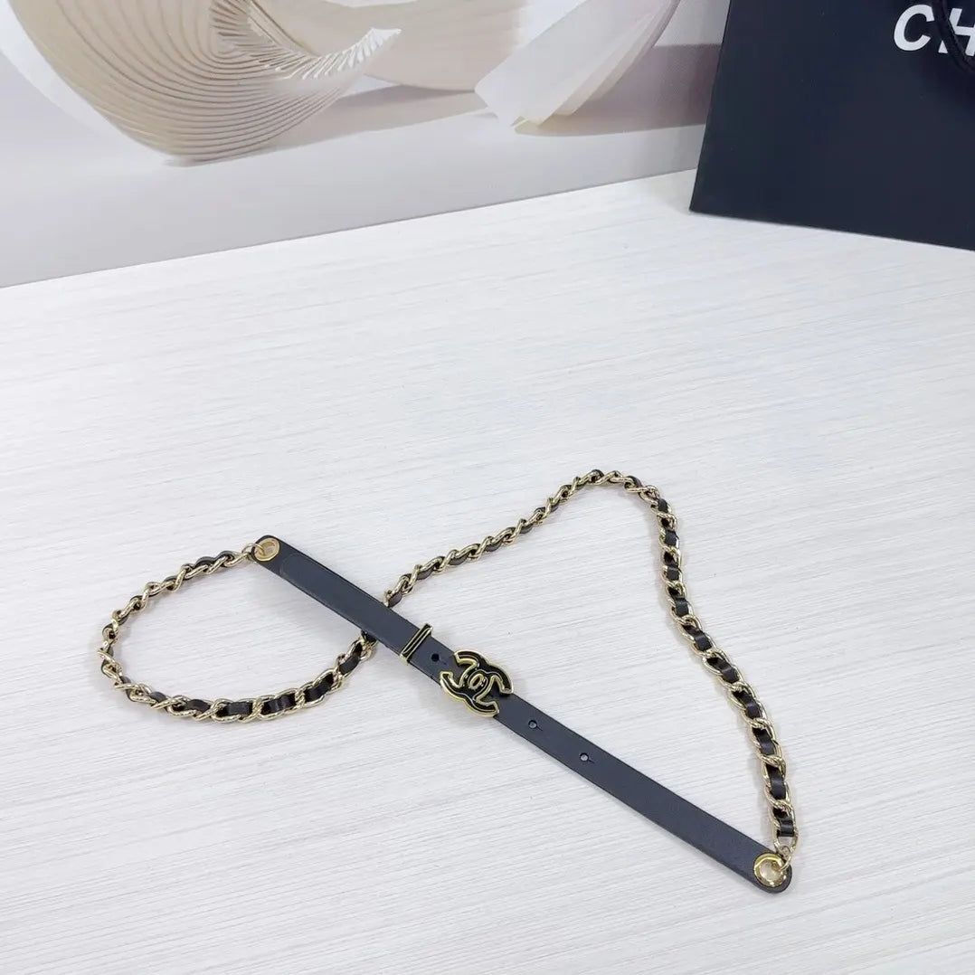 gold Chanel Black Leather Chain Belt - Hình 5