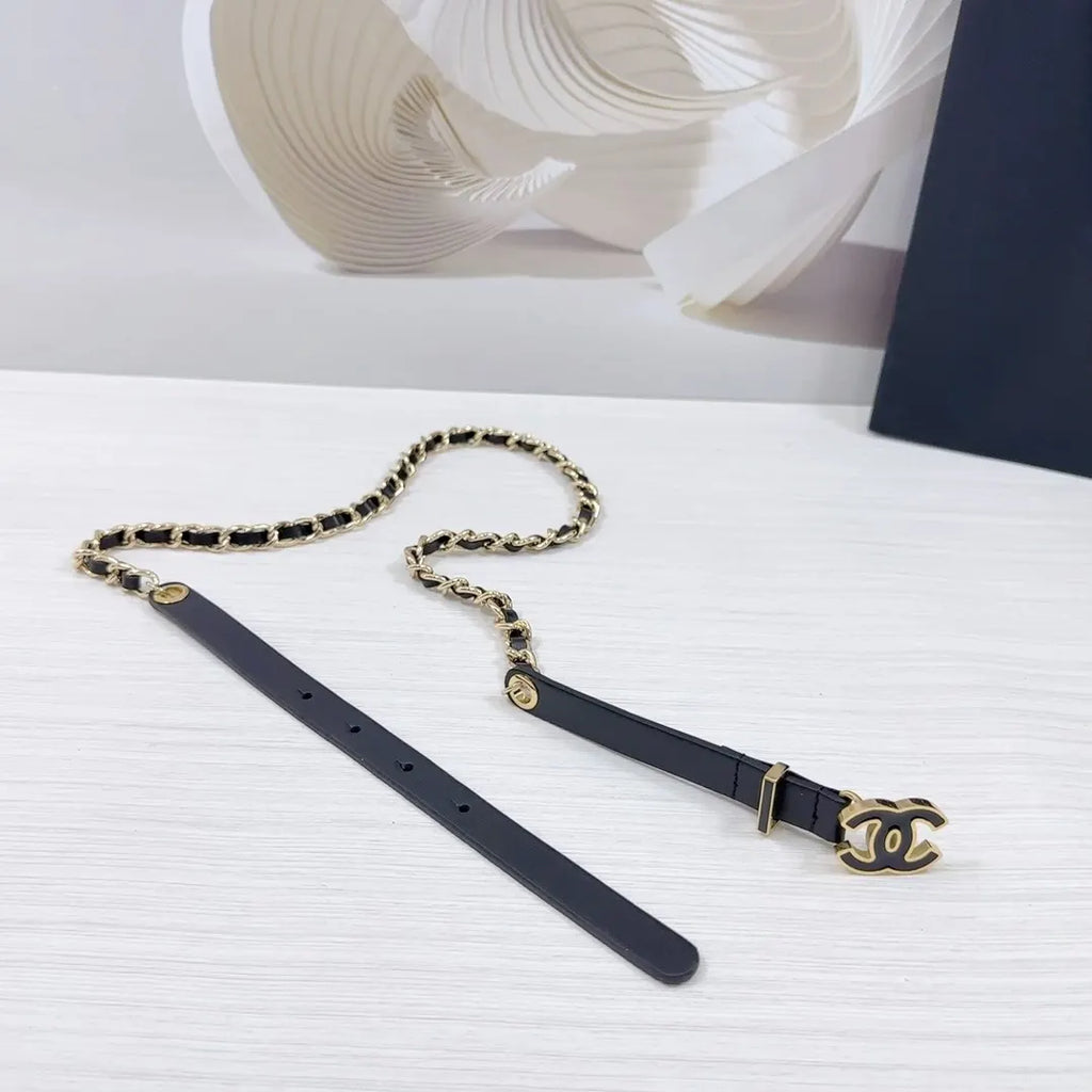 gold Chanel Black Leather Chain Belt - Hình 6