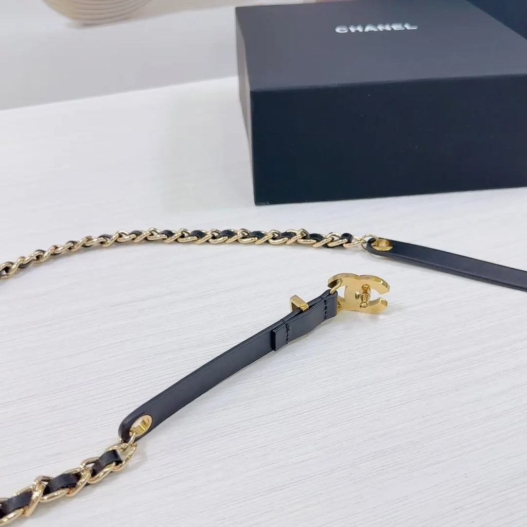 gold Chanel Black Leather Chain Belt - Hình 7
