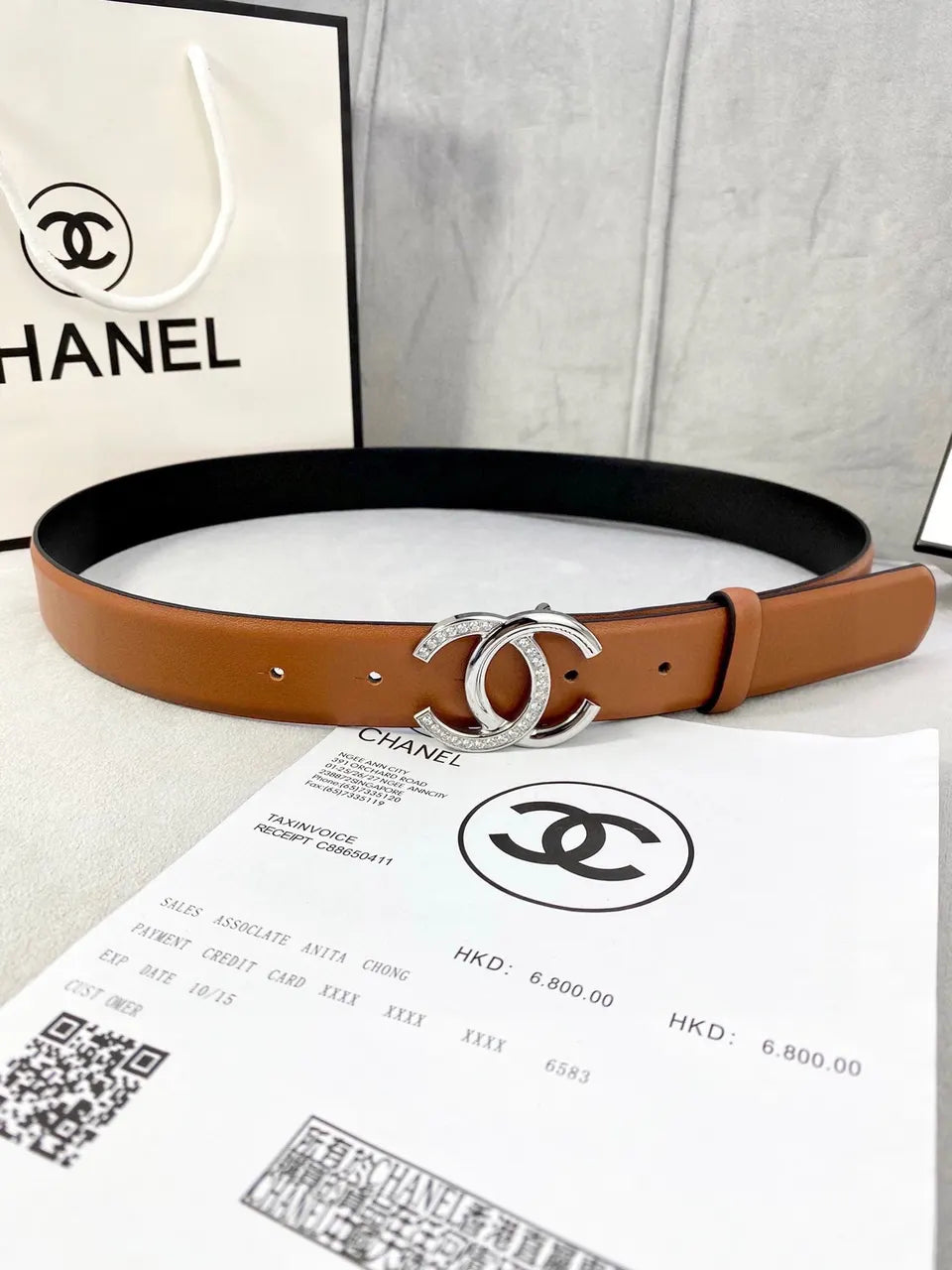 Chanel Tan Leather Belt - Silver Crystal CC Buckle