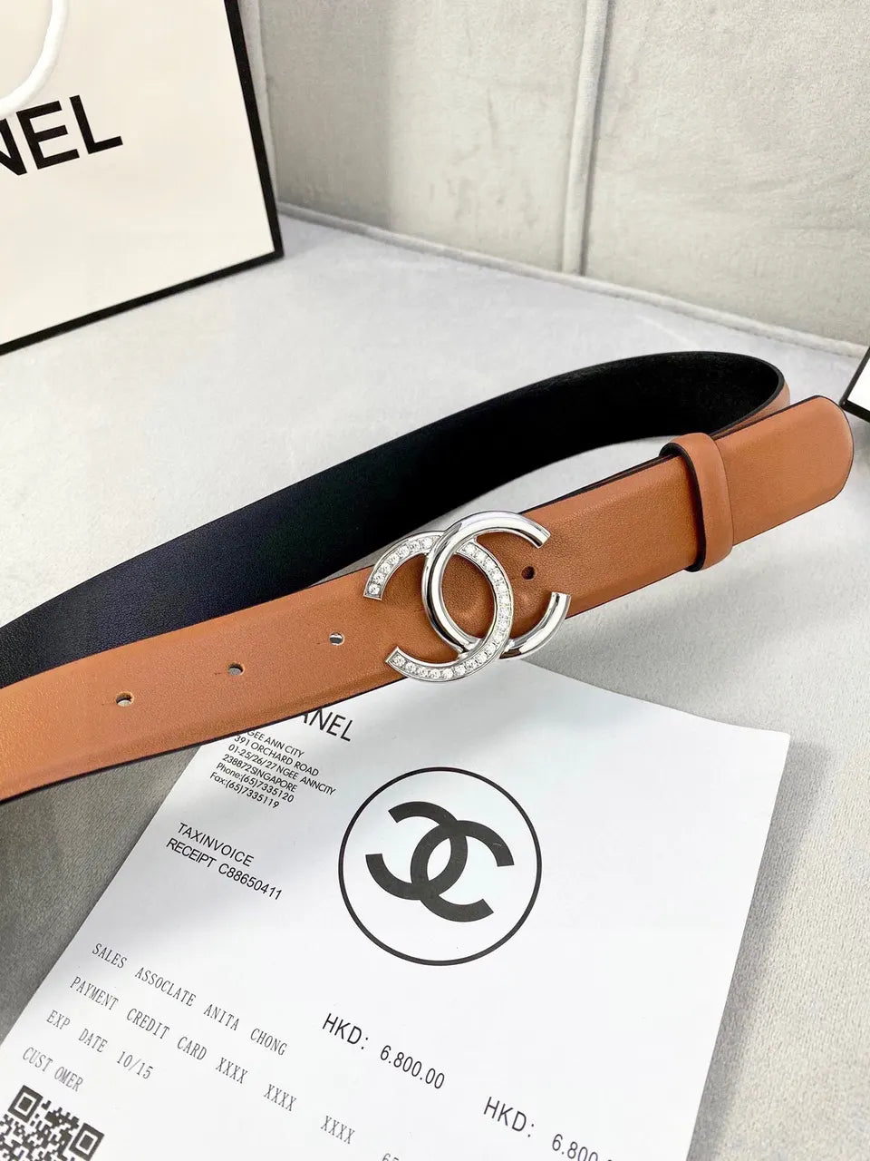 Chanel Tan Leather Belt - Silver Crystal CC Buckle - Hình 2