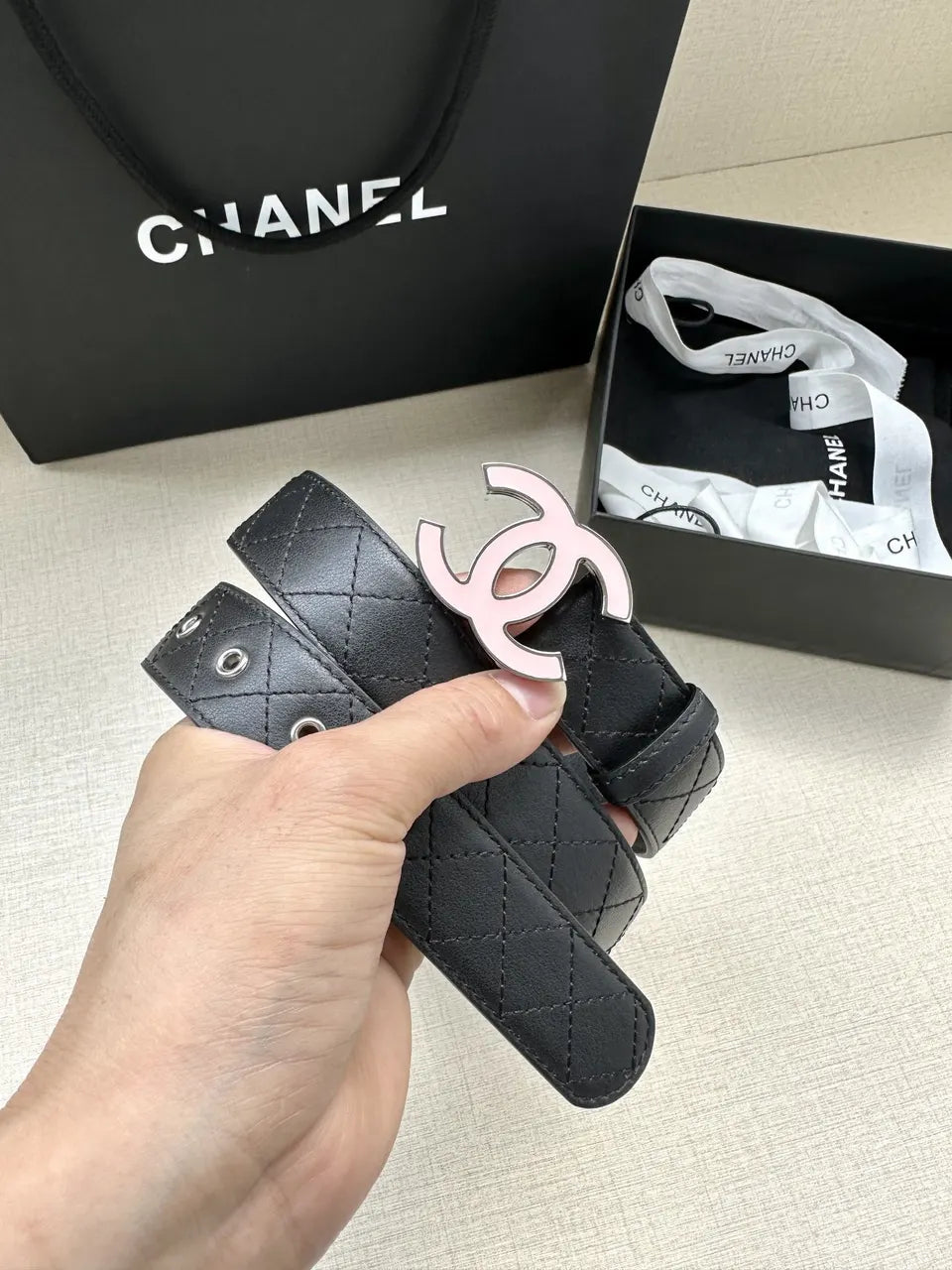 Chanel Black Quilted Belt Pink - Hình 7