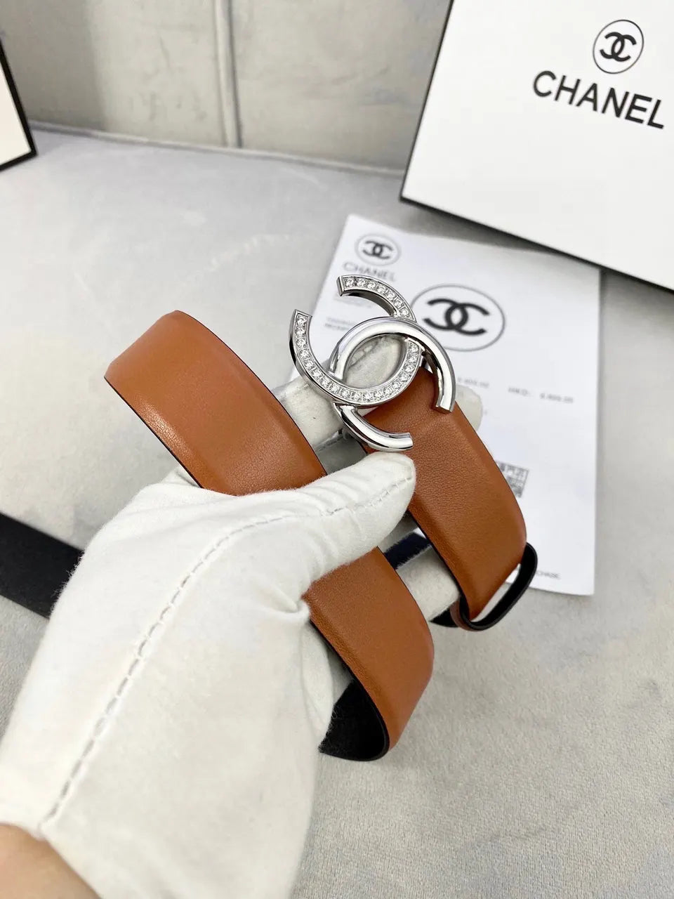 Chanel Tan Leather Belt - Silver Crystal CC Buckle - Hình 3