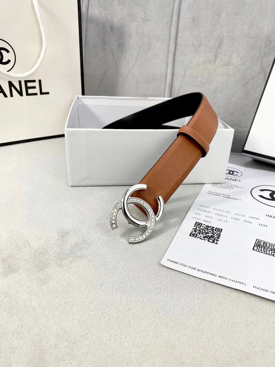 Chanel Tan Leather Belt - Silver Crystal CC Buckle - Hình 4