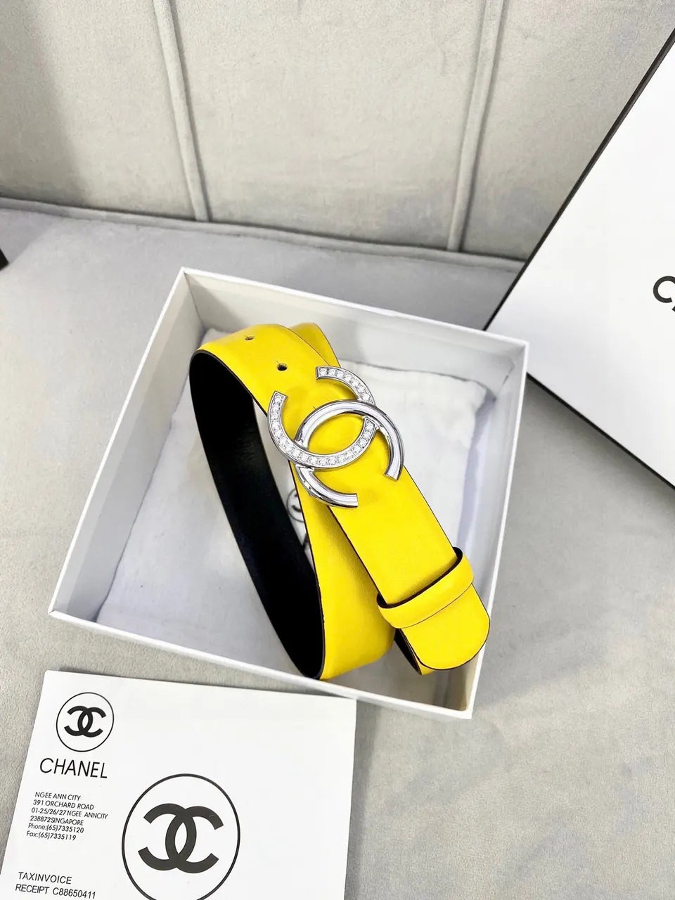 silver crystal Chanel Yellow Leather Belt - Hình 2