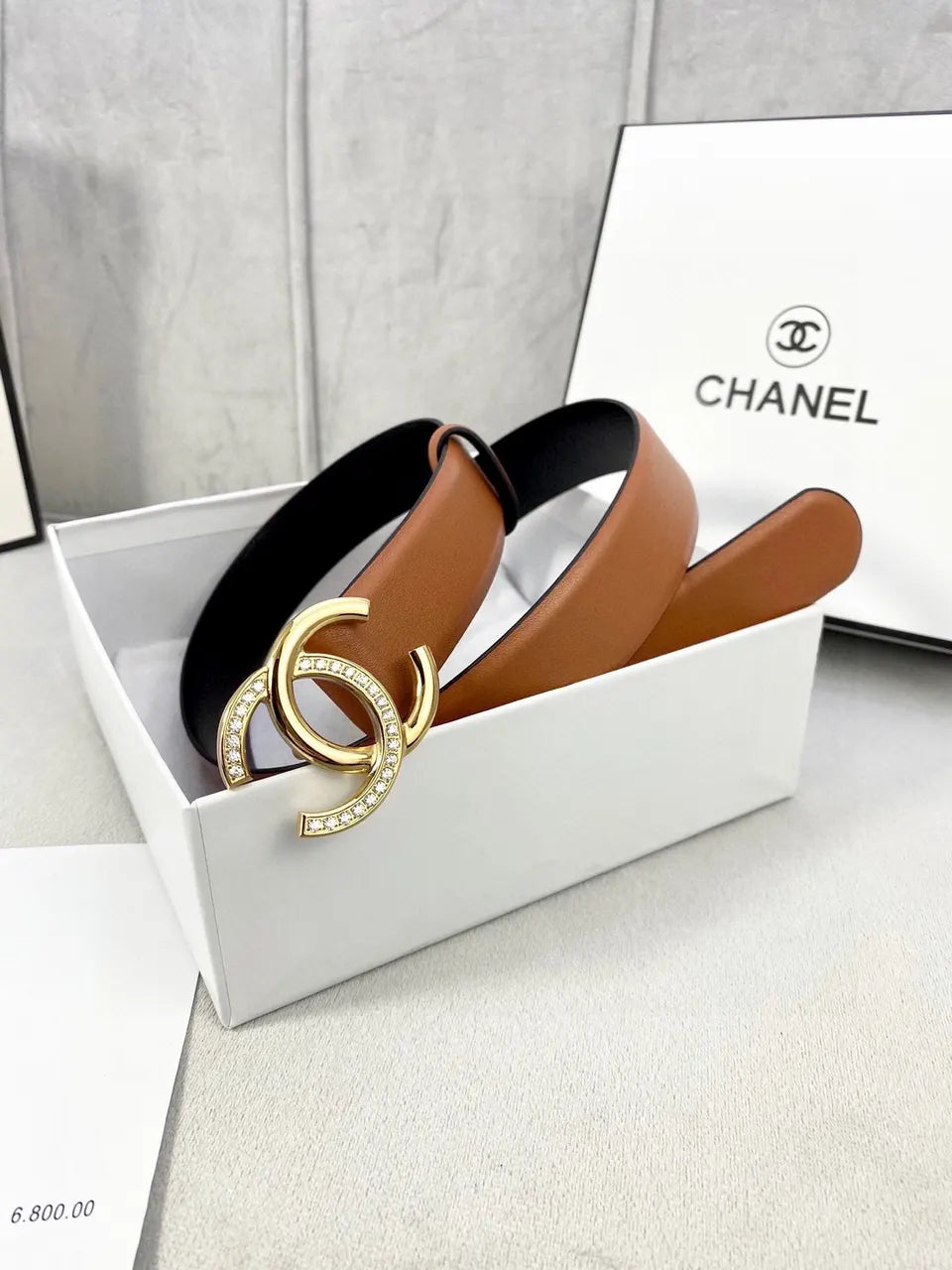 Chanel Tan Leather Belt - Silver Crystal CC Buckle - Hình 6