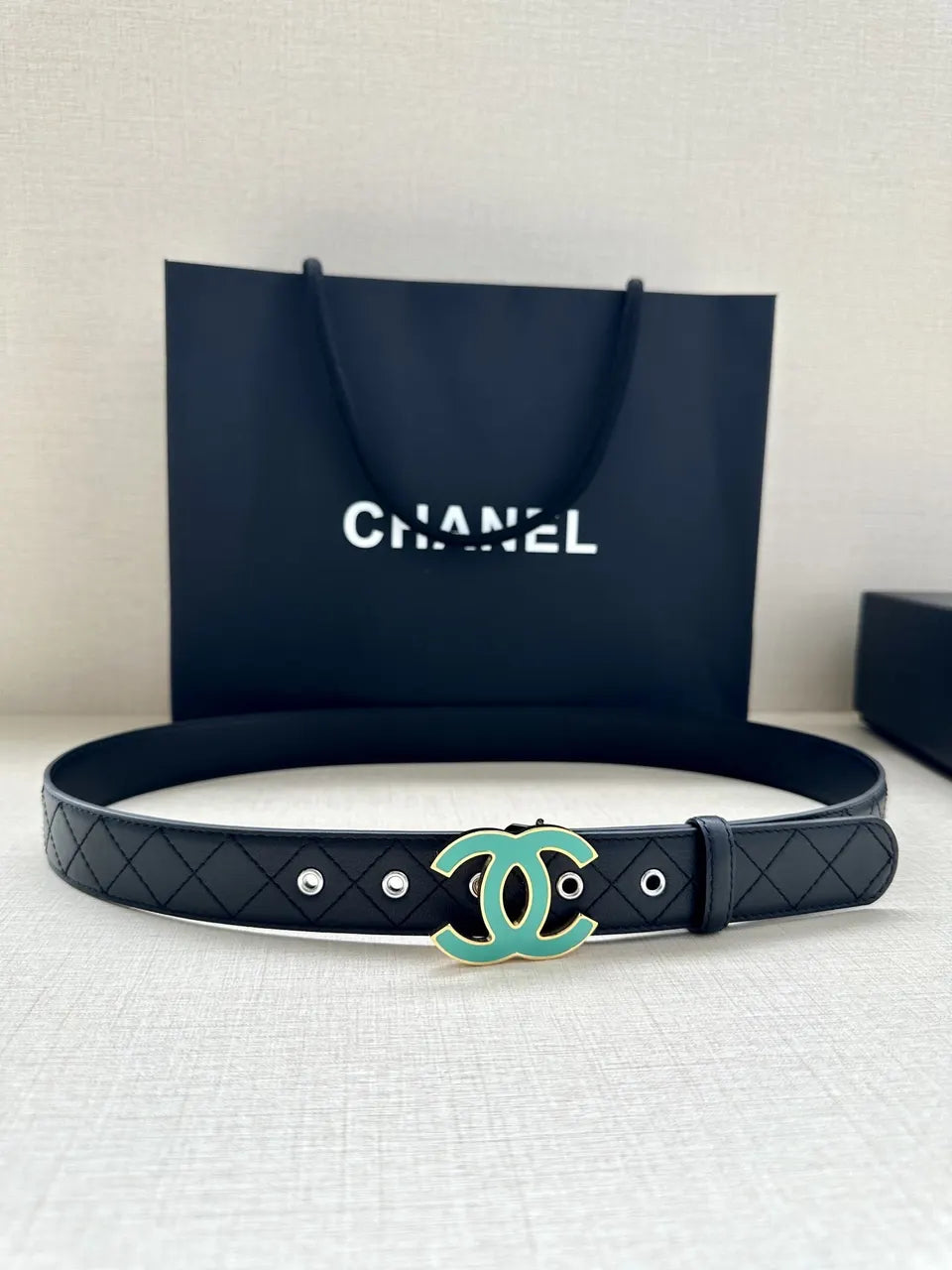 turquoise Chanel Black Quilted Belt