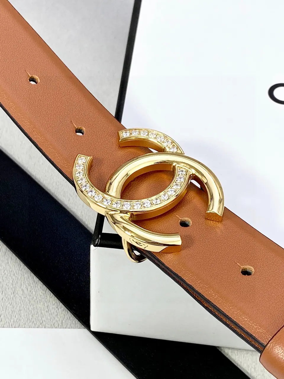 Chanel Tan Leather Belt - Silver Crystal CC Buckle - Hình 7