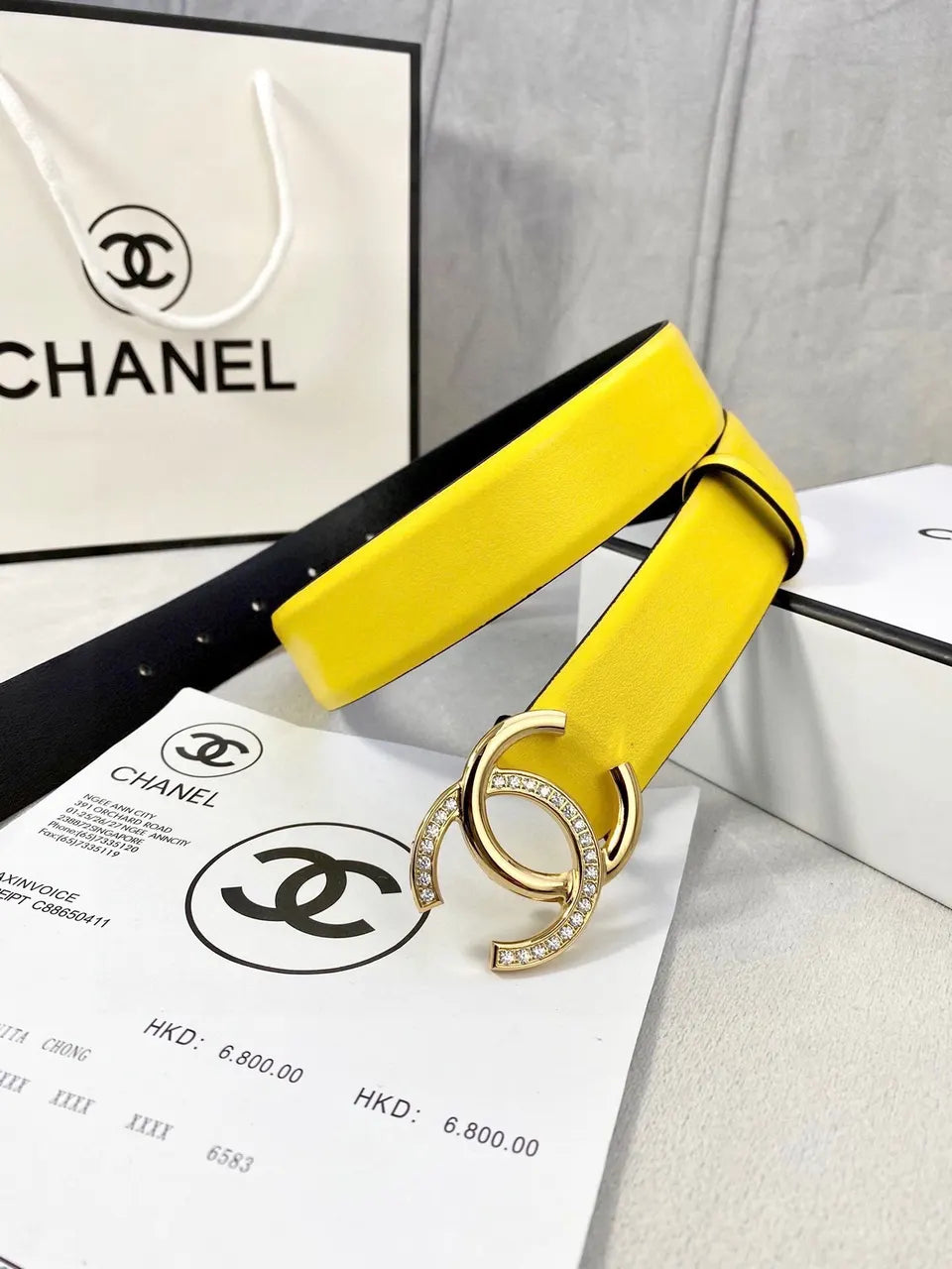 silver crystal Chanel Yellow Leather Belt - Hình 7