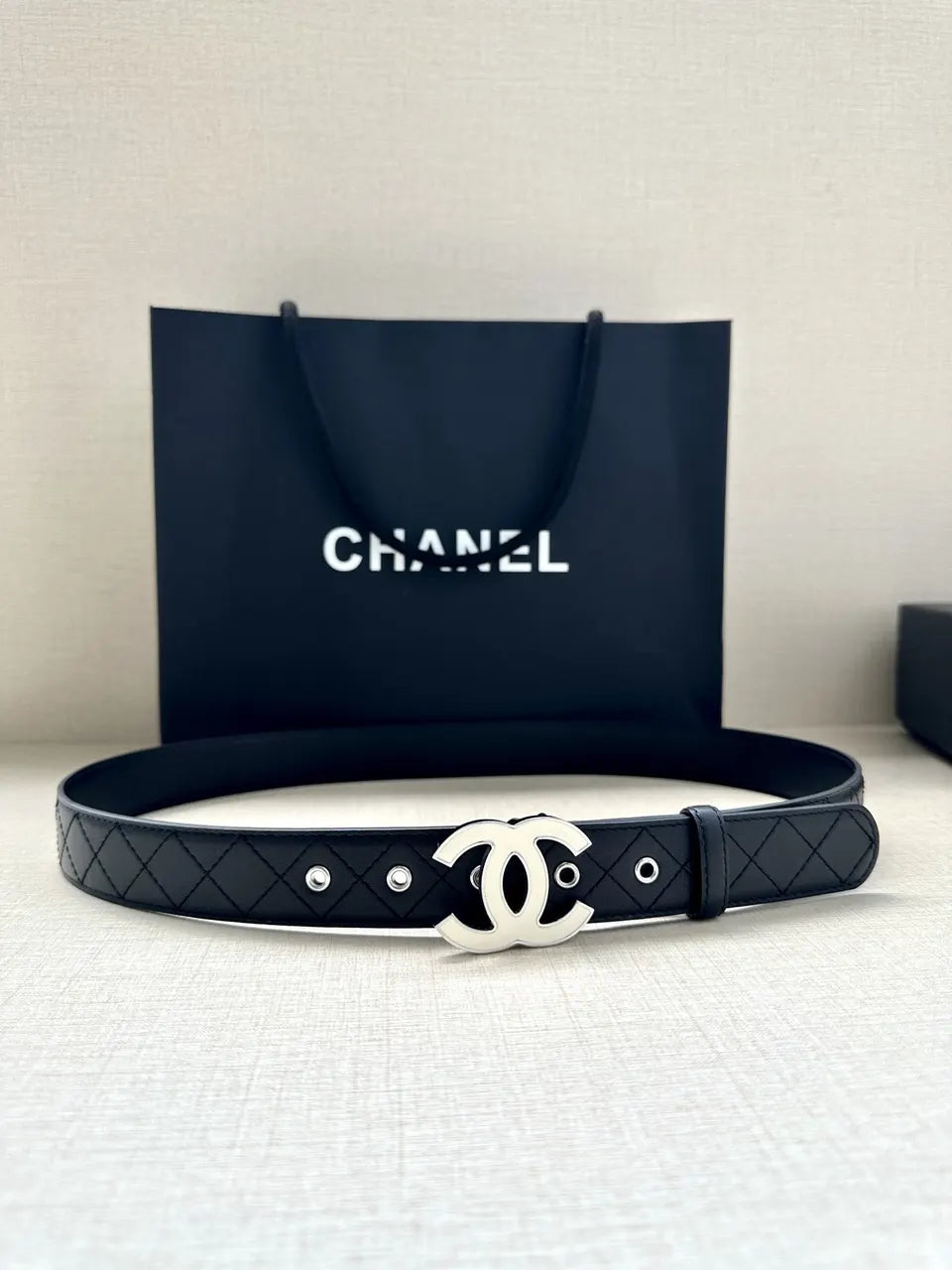 Chanel Quilted Black Leather Belt silver