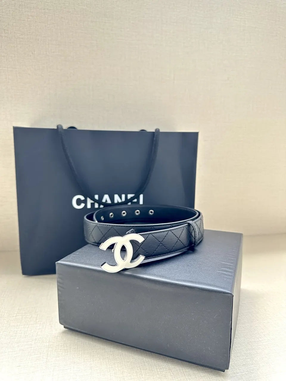 Chanel Quilted Black Leather Belt silver - Hình 4