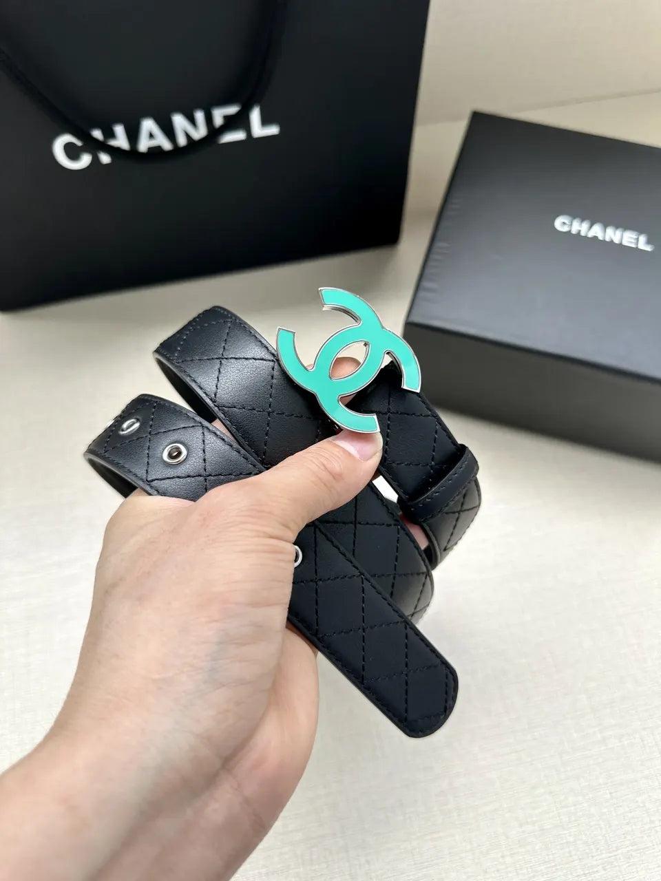 turquoise Chanel Black Quilted Belt - Hình 8