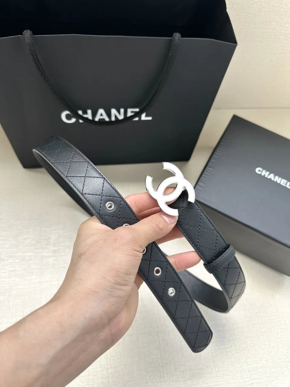 Chanel Quilted Black Leather Belt silver - Hình 5