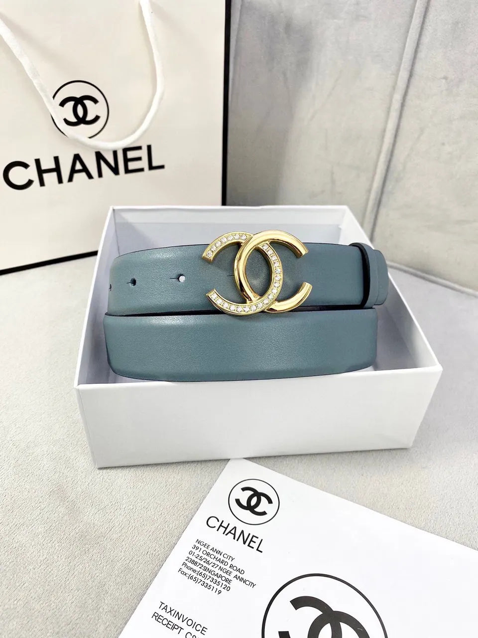 Chanel Teal Leather Belt gold - Hình 2