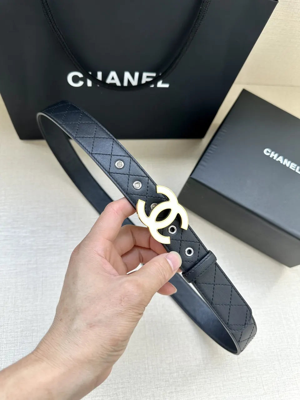 Chanel Quilted Black Leather Belt silver - Hình 6
