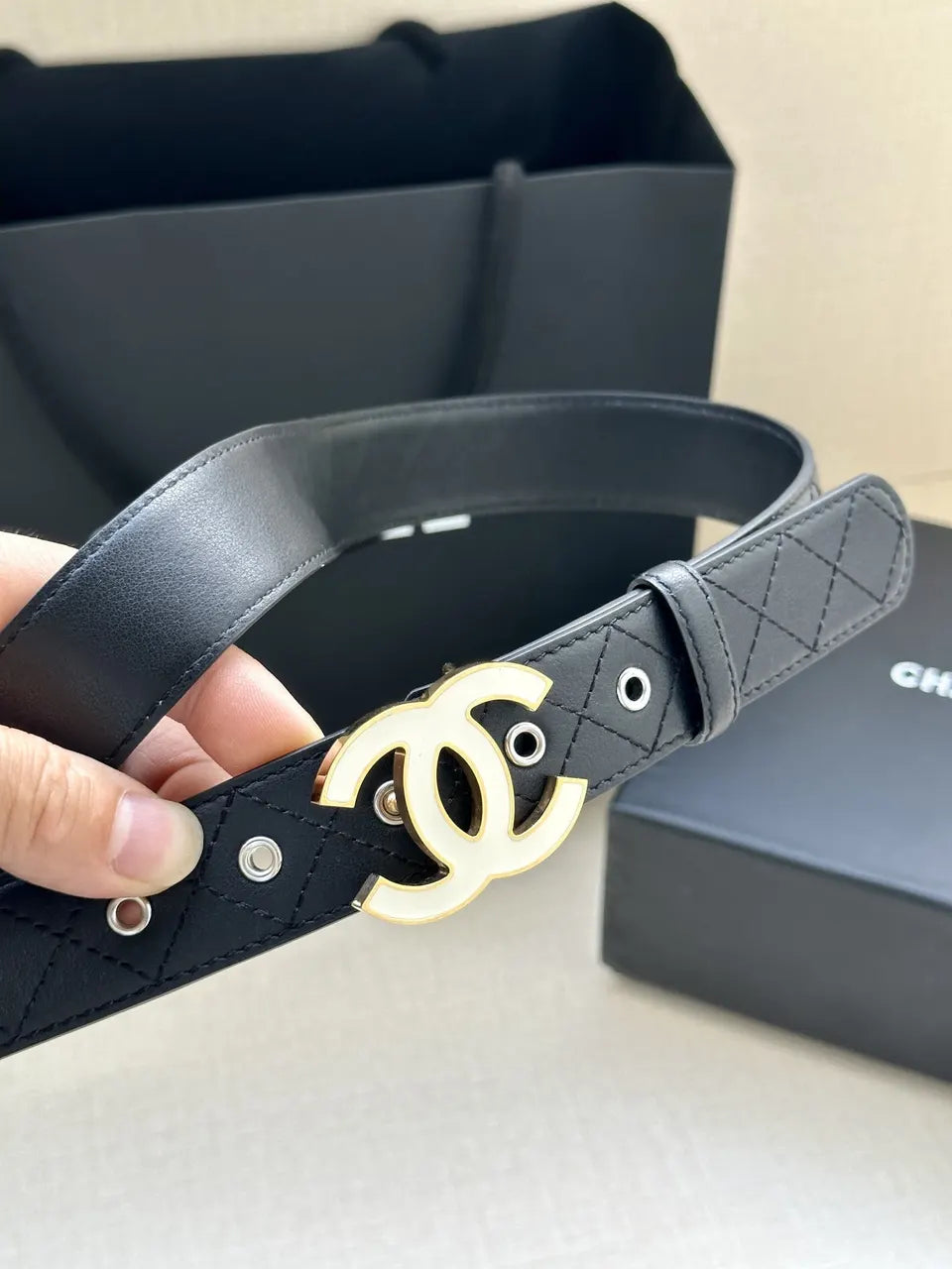 Chanel Quilted Black Leather Belt silver - Hình 7