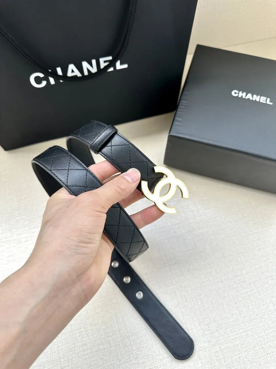 Chanel Quilted Black Leather Belt silver - Hình 9