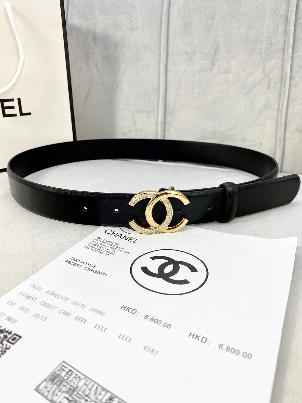 Chanel Crystal CC Black Belt leather gold