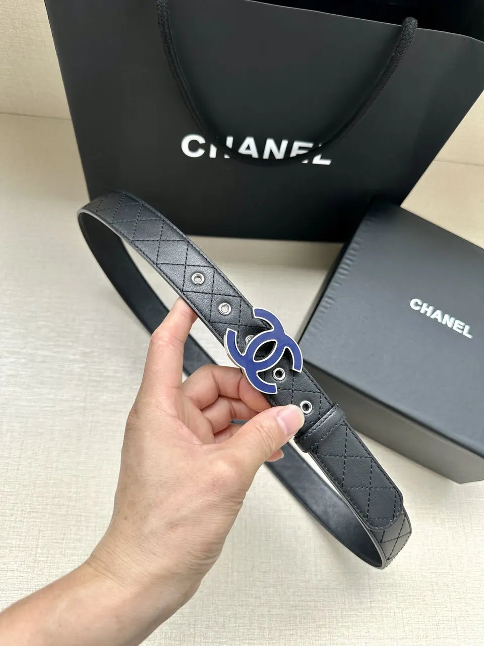 Chanel Quilted Leather Blue Belt - Hình 6