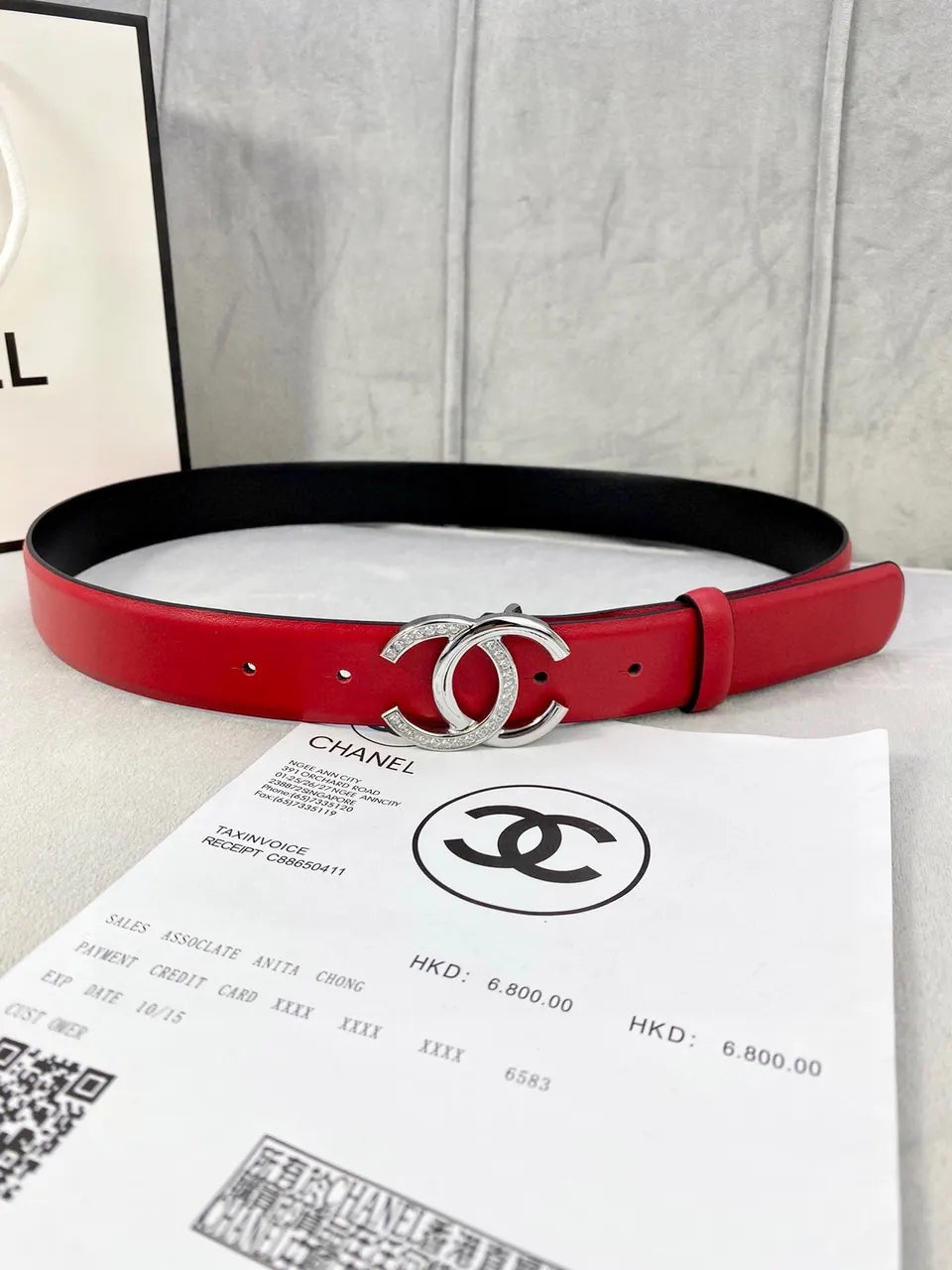 Chanel Red Leather Belt Crystal
