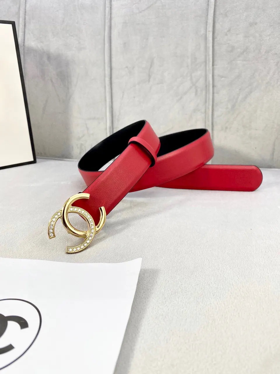 Chanel Red Leather Belt Crystal - Hình 5