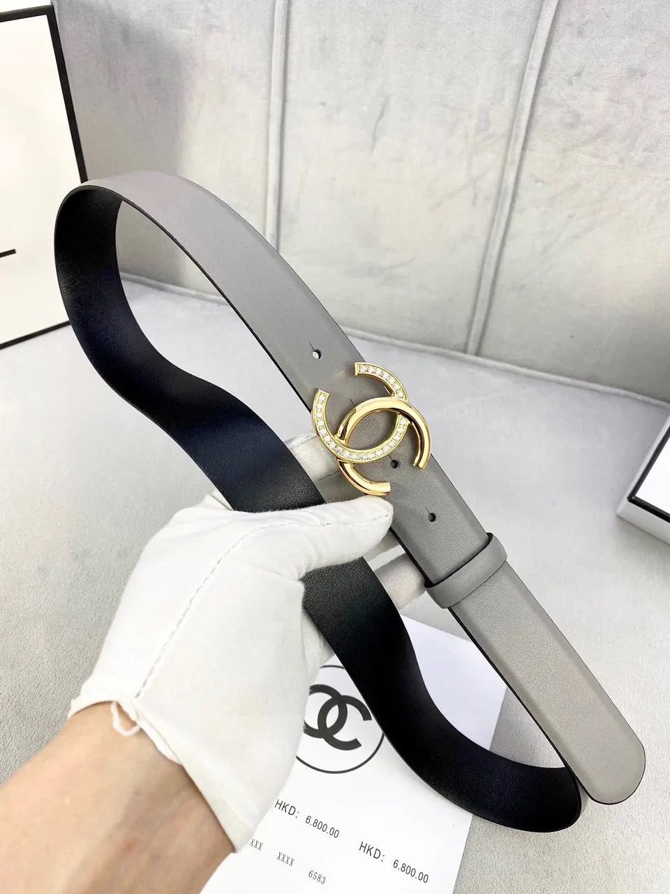 Chanel Grey Leather Belt Crystal CC - Hình 4