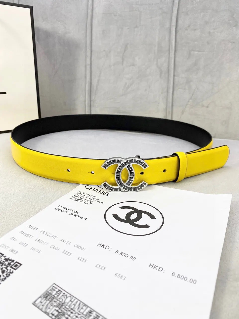 rhinestone cc Chanel Yellow Leather Belt