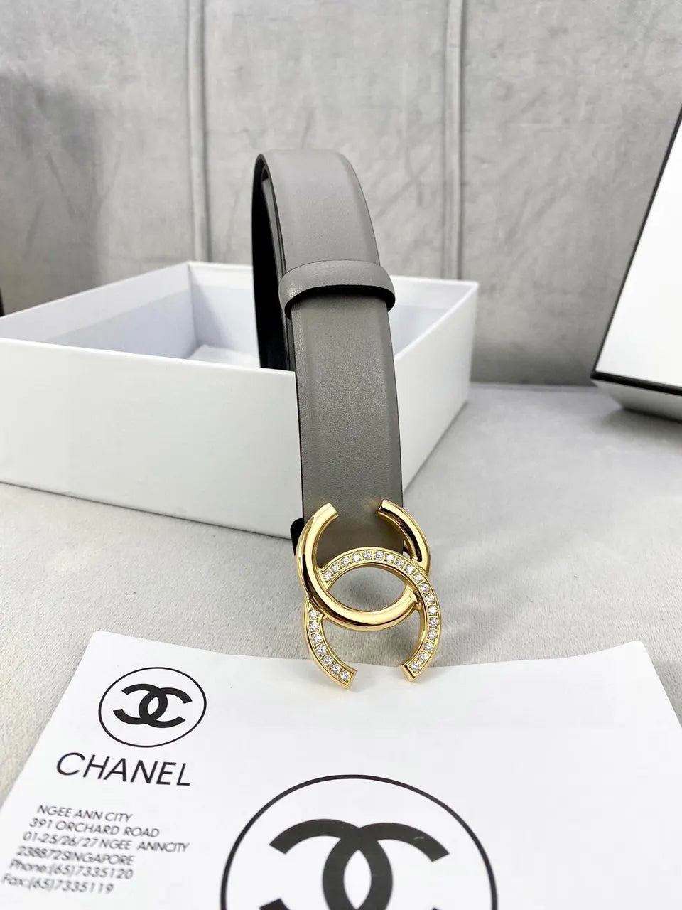 Chanel Grey Leather Belt Crystal CC - Hình 5