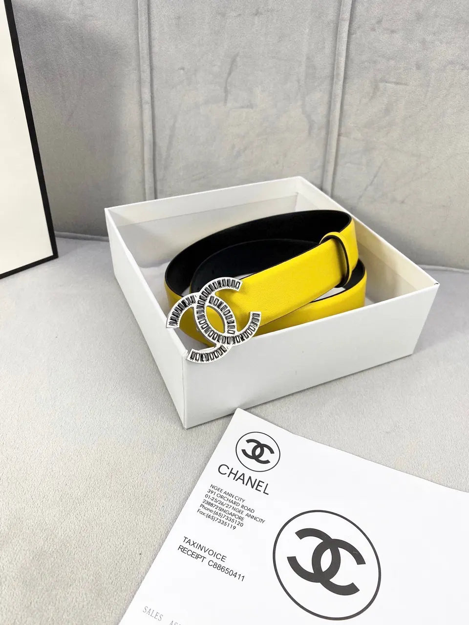 rhinestone cc Chanel Yellow Leather Belt - Hình 3