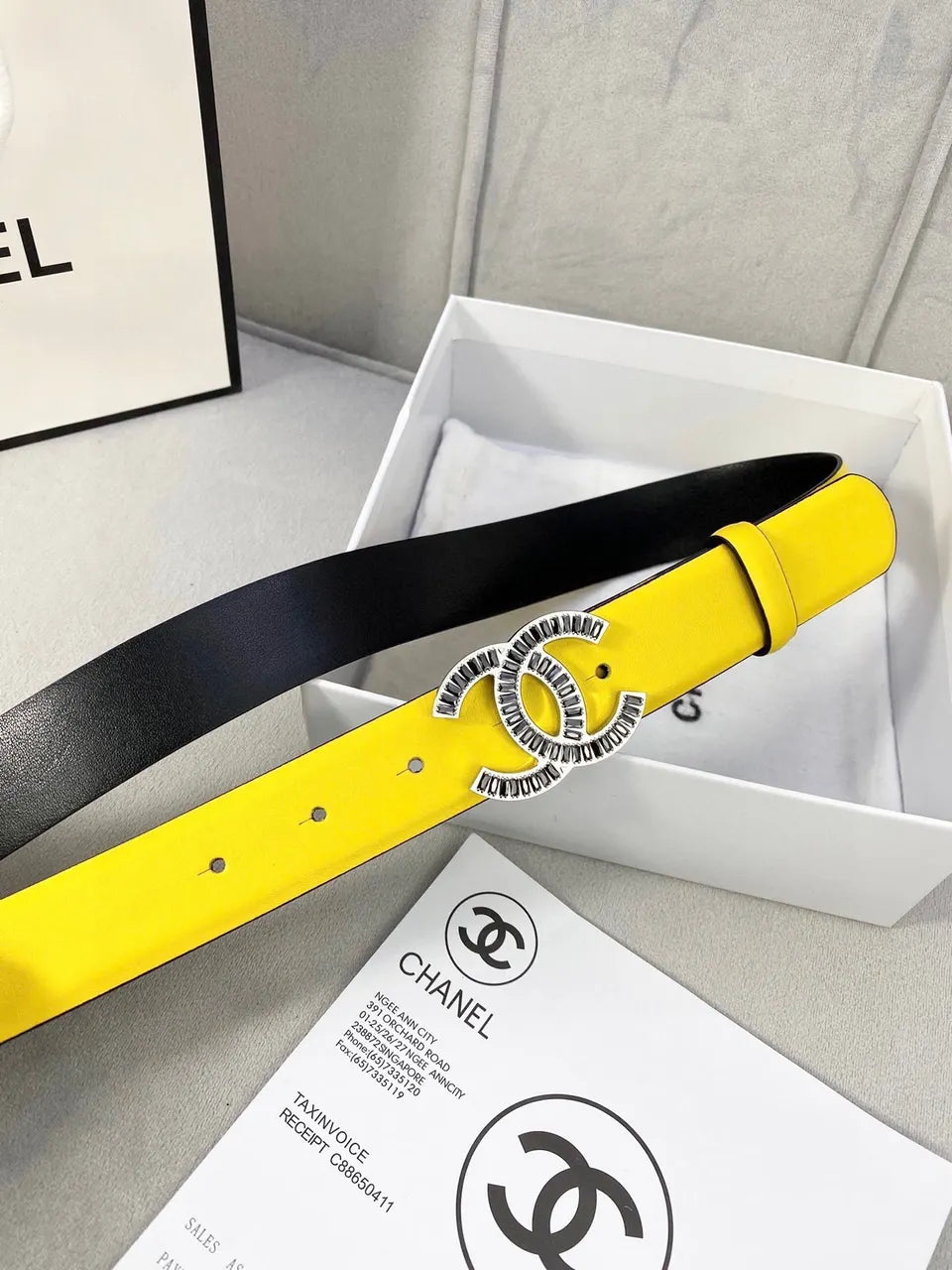 rhinestone cc Chanel Yellow Leather Belt - Hình 5