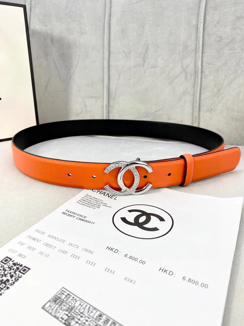 crystal Chanel Tangerine Leather Belt