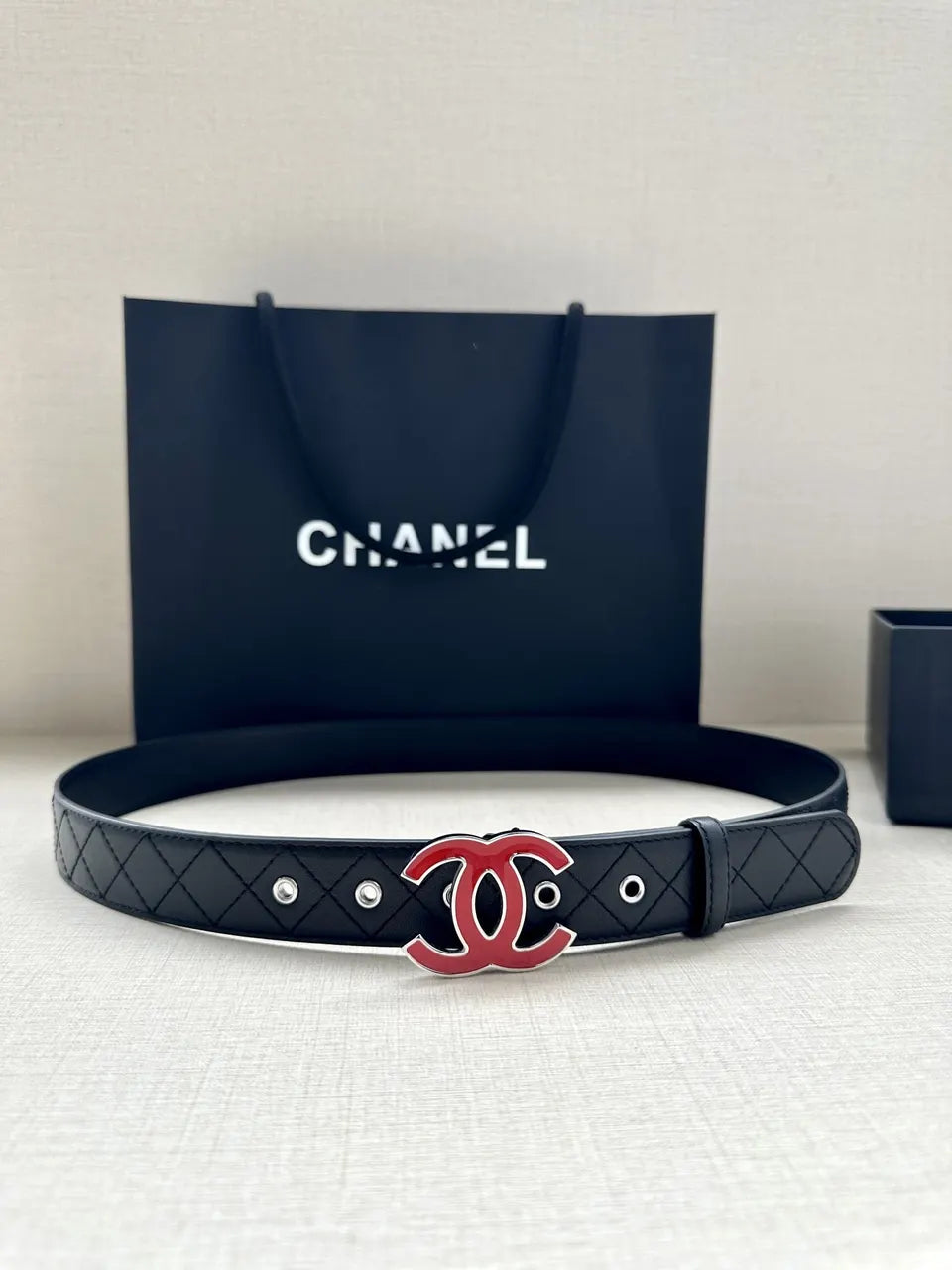 red Chanel Quilted Black Leather Belt