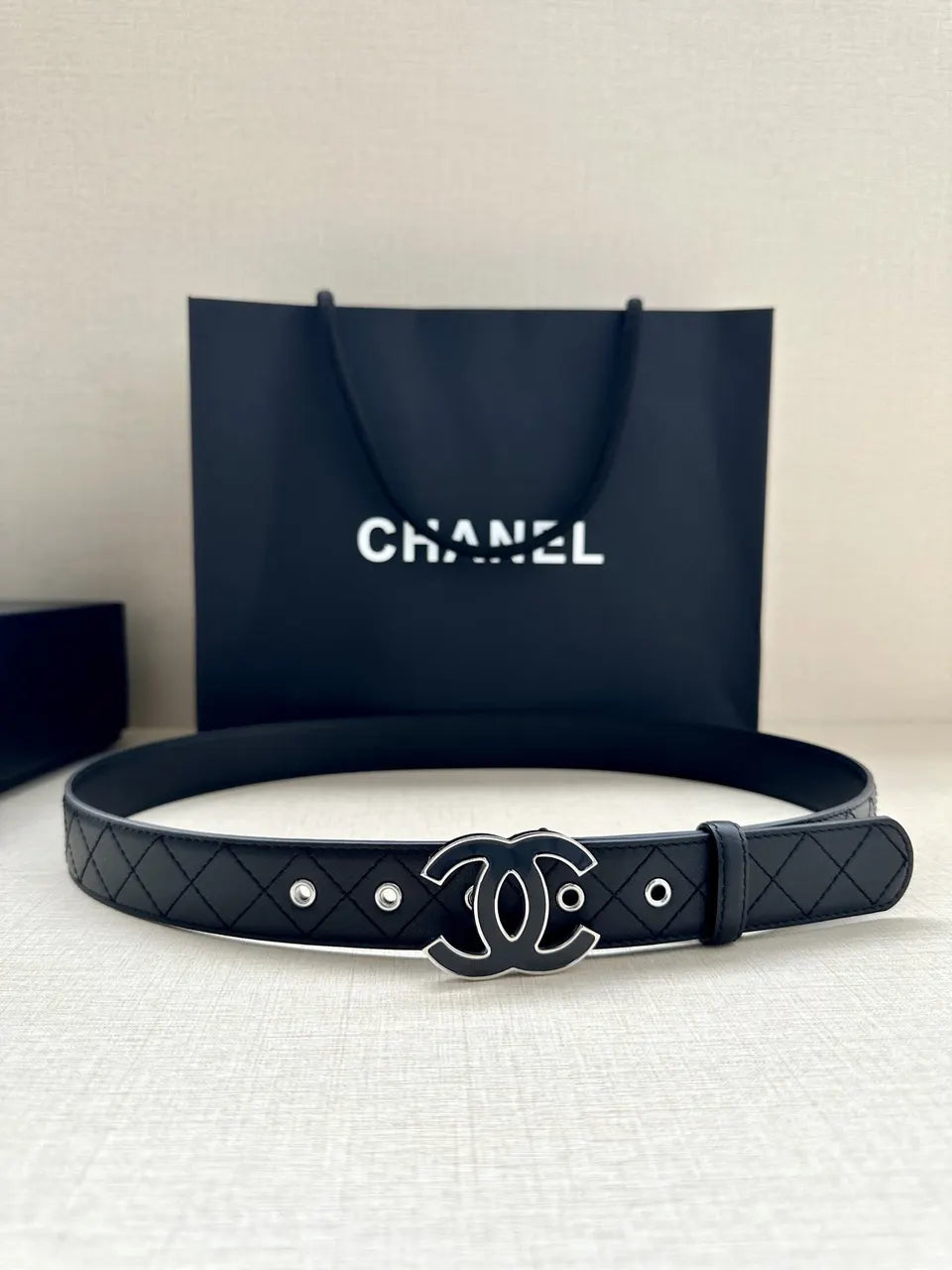 Quilted Chanel Black Leather Belt