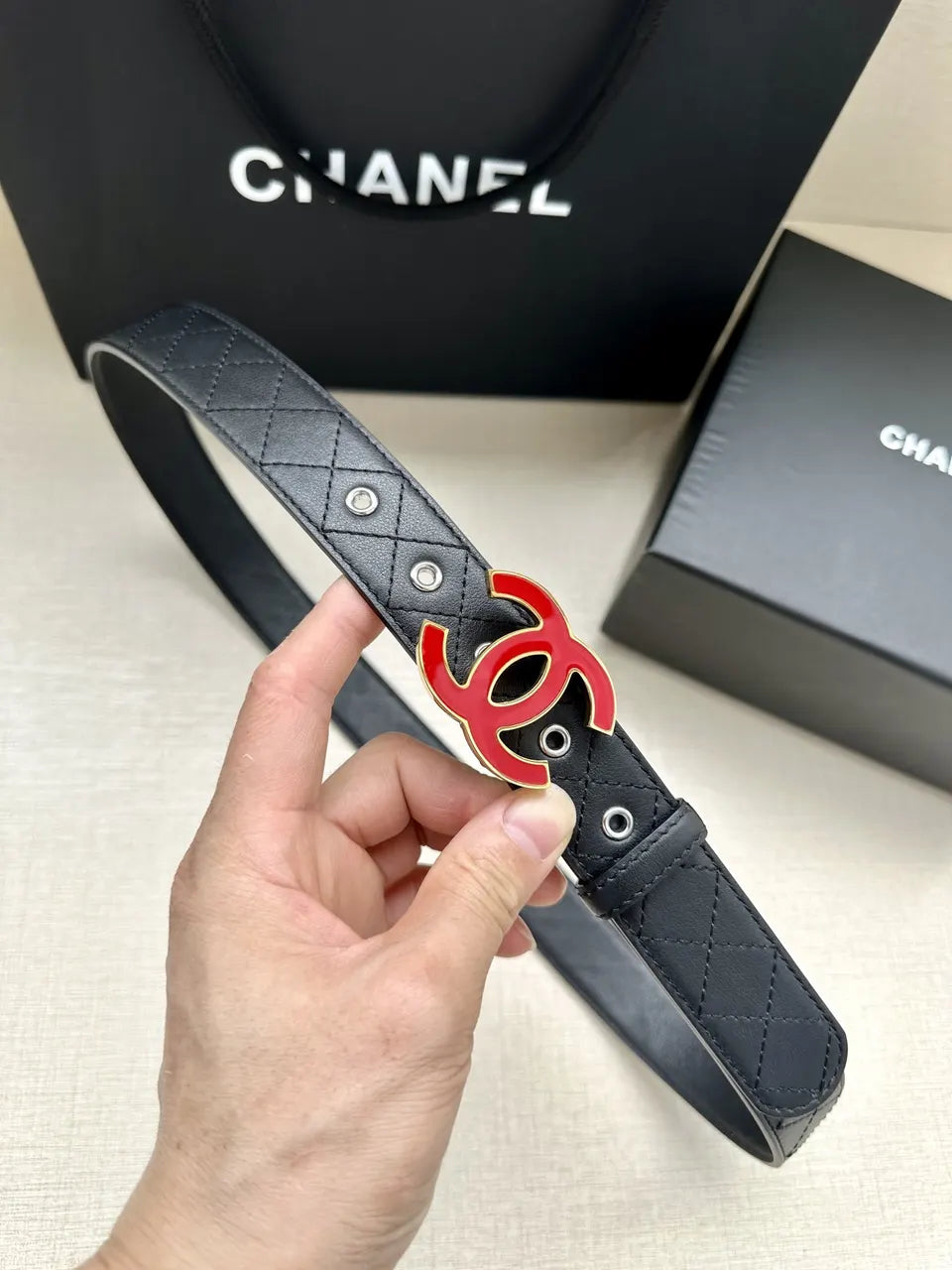 red Chanel Quilted Black Leather Belt - Hình 6