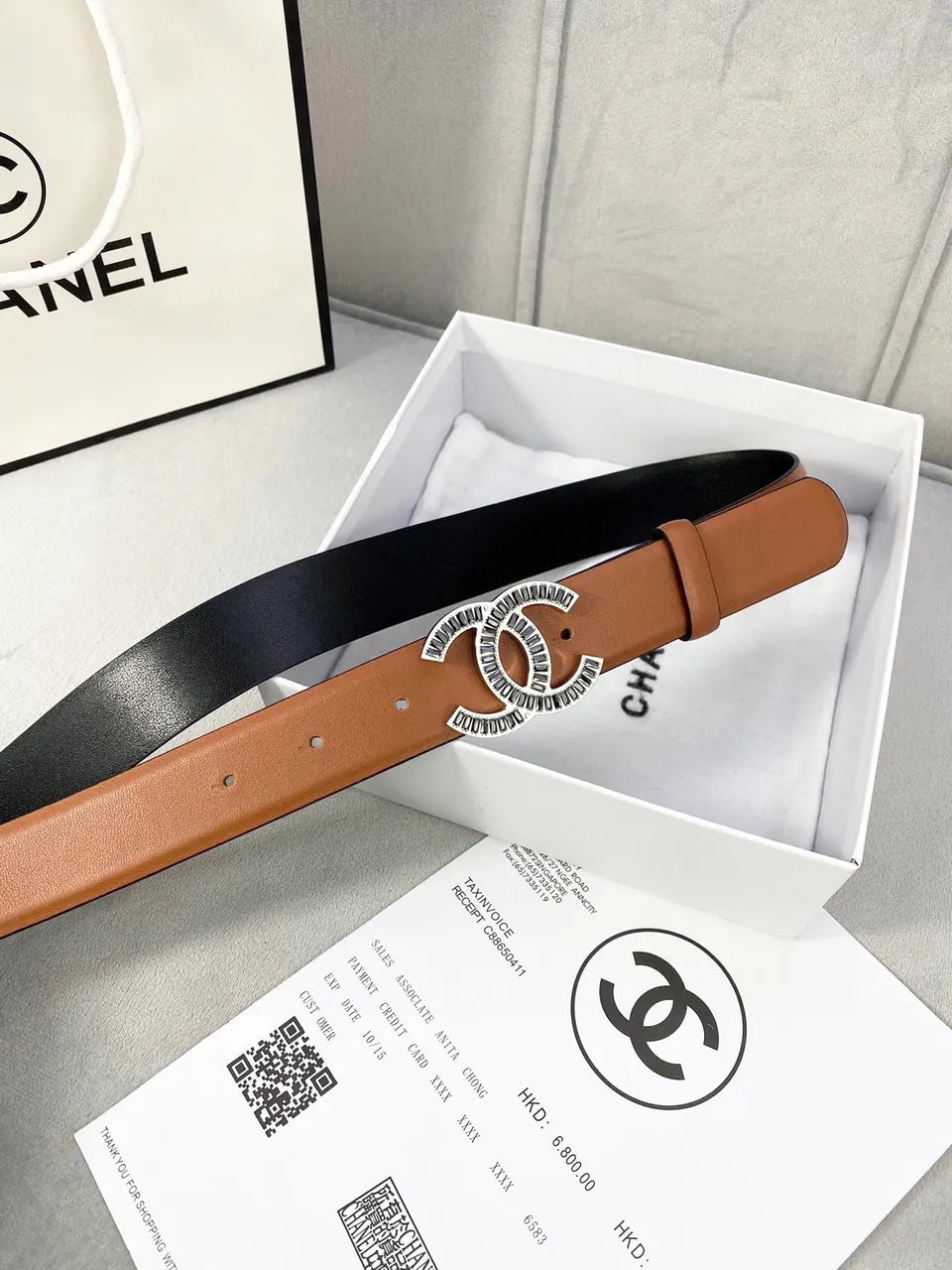 crystal Chanel Caramel Leather Belt - Hình 2