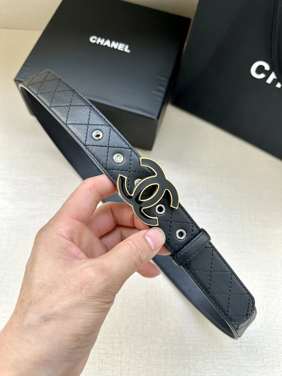 Quilted Chanel Black Leather Belt - Hình 7
