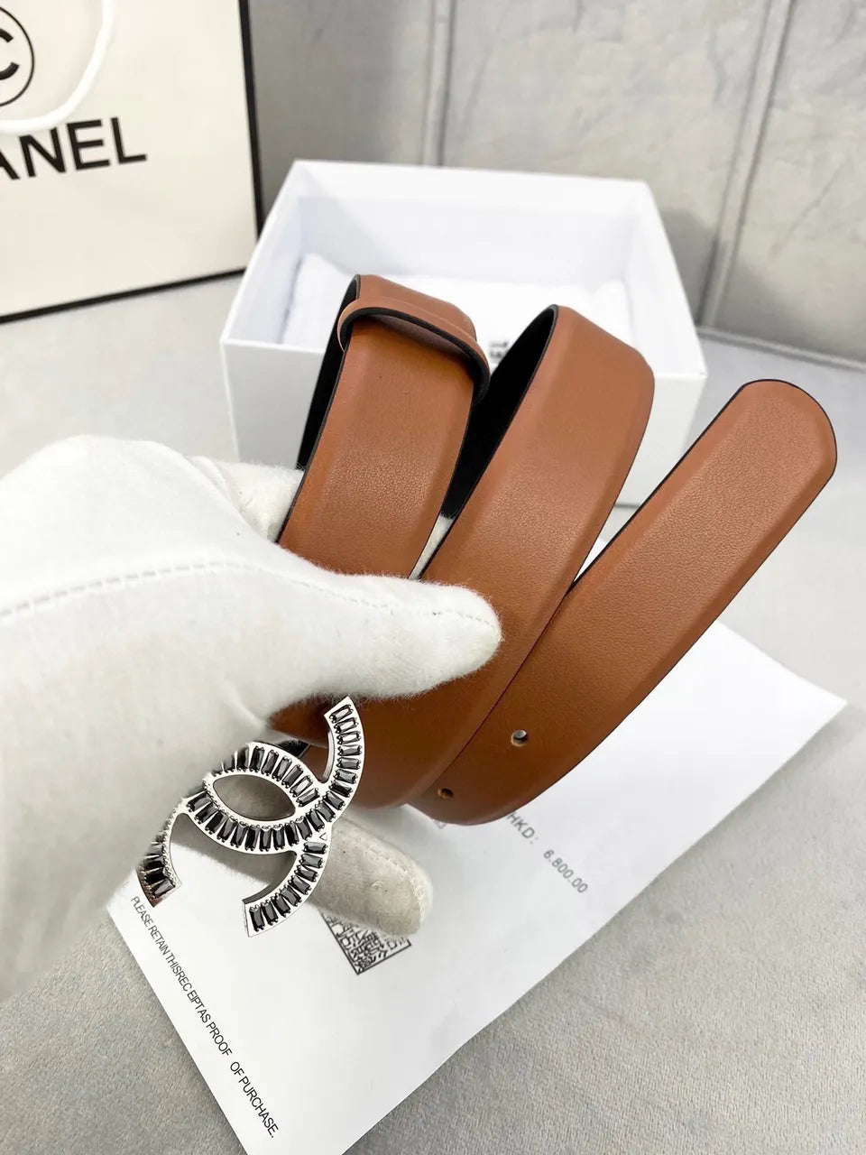 crystal Chanel Caramel Leather Belt - Hình 3