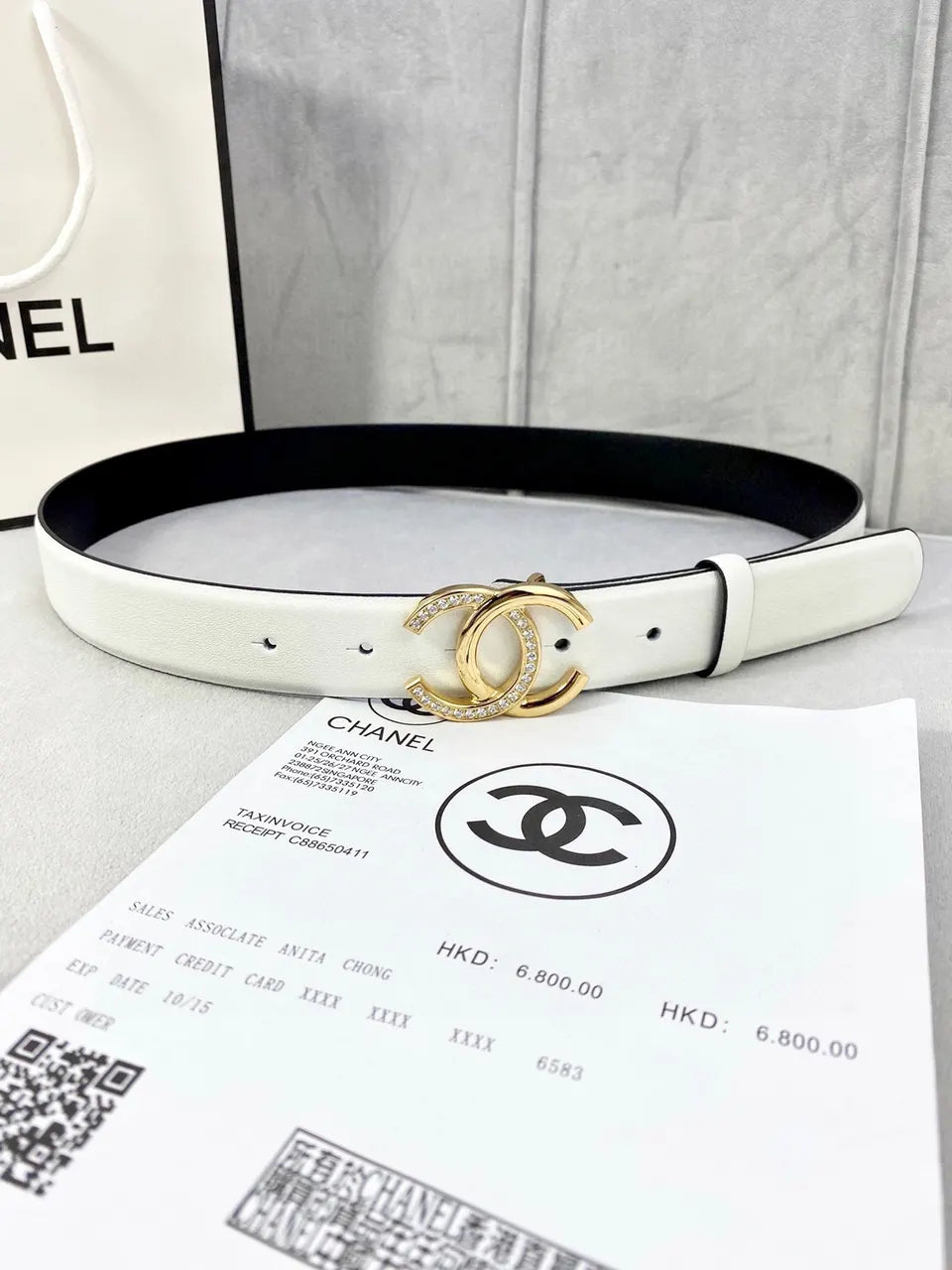 gold crystal Chanel White Leather Belt