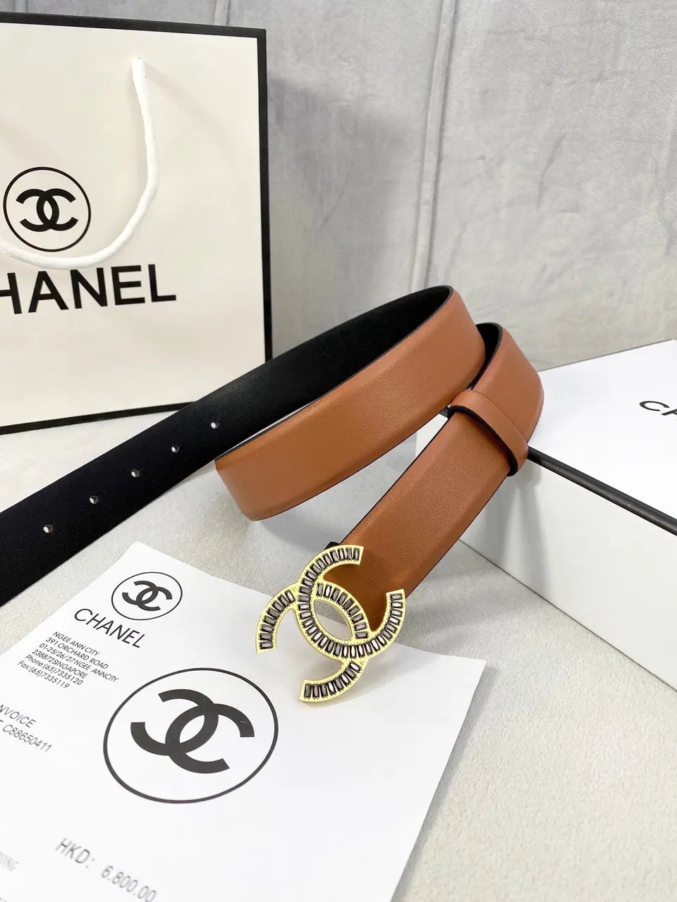crystal Chanel Caramel Leather Belt - Hình 4