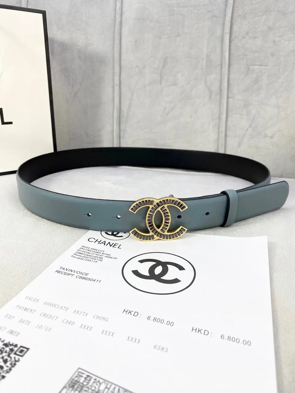 gold Chanel Blue Leather Belt