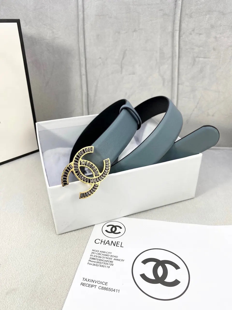 gold Chanel Blue Leather Belt - Hình 2