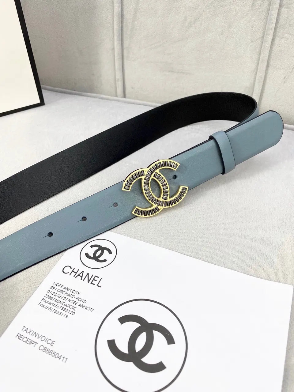 gold Chanel Blue Leather Belt - Hình 3