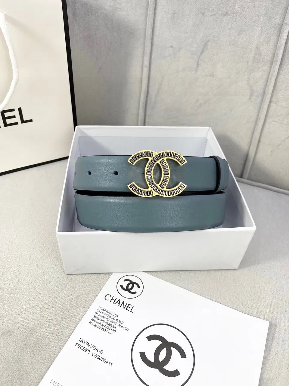 gold Chanel Blue Leather Belt - Hình 4
