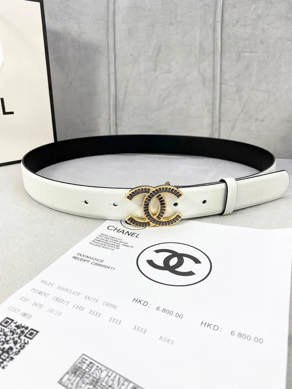 gold crystal Chanel White Leather Belt
