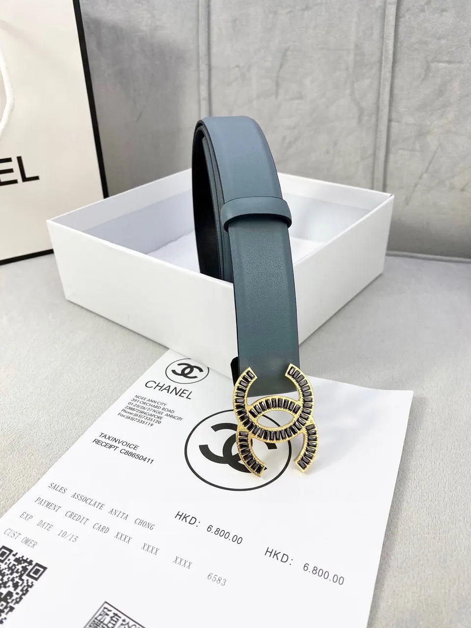 gold Chanel Blue Leather Belt - Hình 5