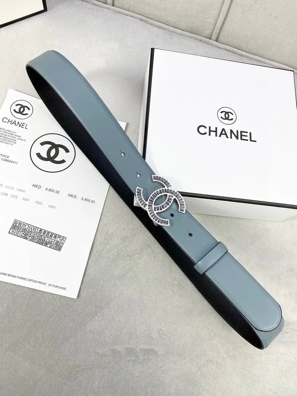 gold Chanel Blue Leather Belt - Hình 6