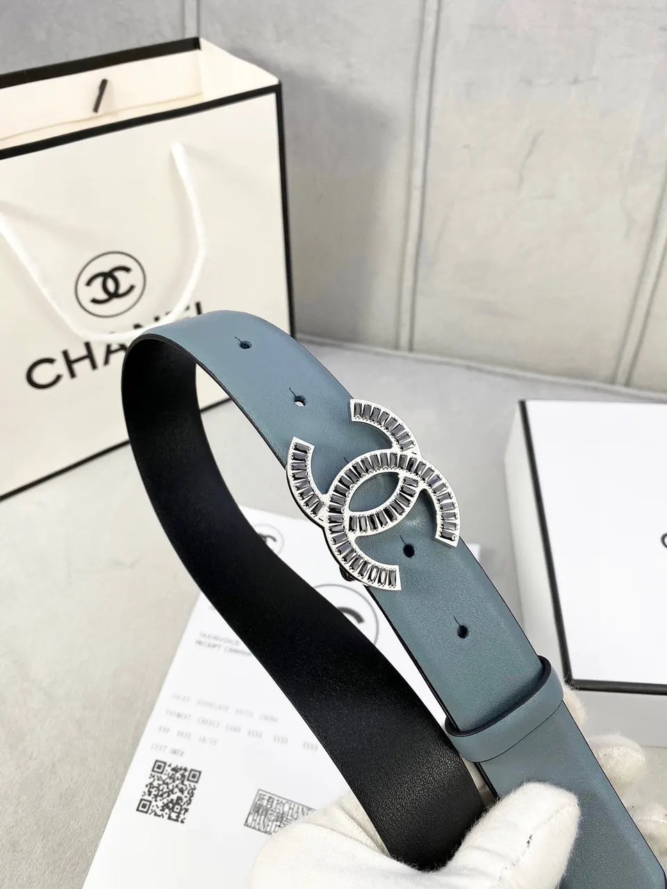 gold Chanel Blue Leather Belt - Hình 7