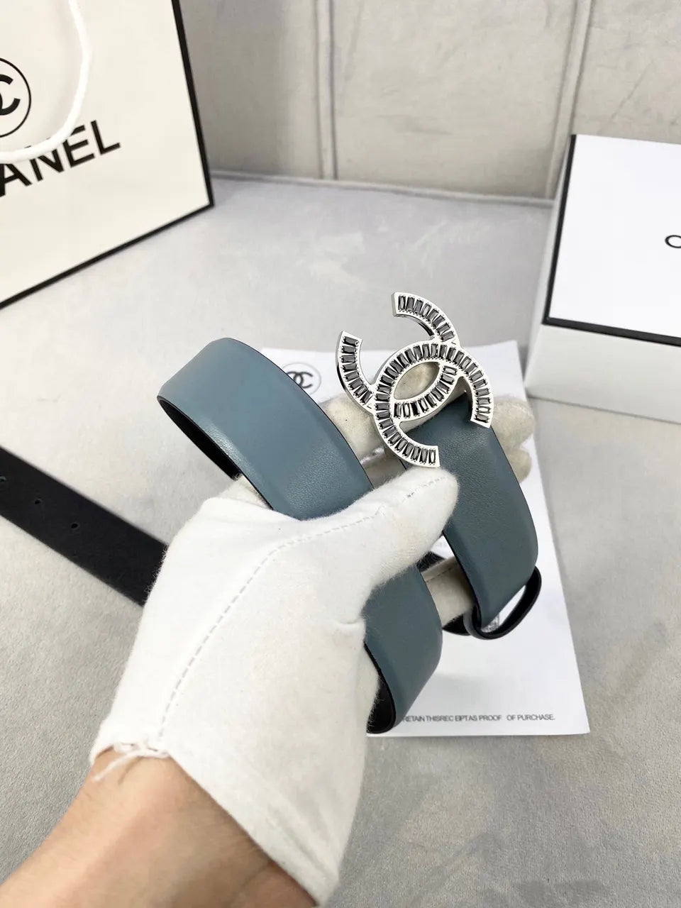 gold Chanel Blue Leather Belt - Hình 8